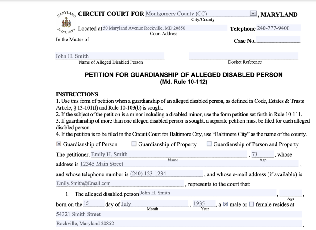 Example of a completed guardianship petition with required documents.